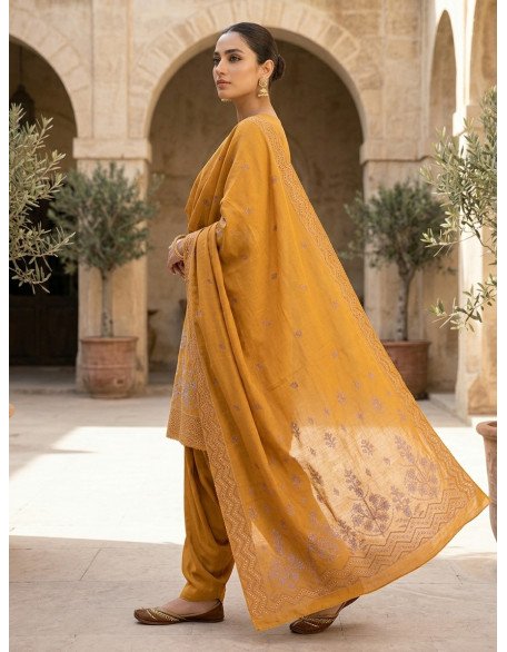 Warm Golden Sand Dhanak Karahi Unstitched 5-Piece Suit | Winter Festive Wear