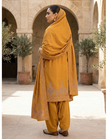 Warm Golden Sand Dhanak Karahi Unstitched 5-Piece Suit | Winter Festive Wear