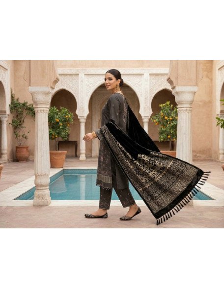 Charcoal Taupe Suit with Palachi Dupatta Charcoal Taupe Suit with Palachi Dupatta