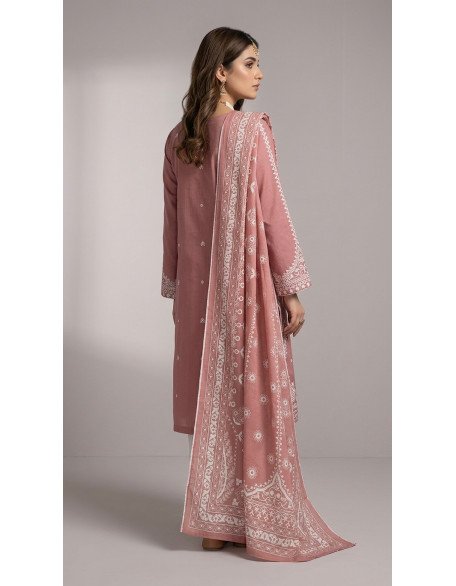 Dusty Rose Cotton Embroidered 3-Piece Stitched Suit with Matching Shalwar and Dupatta