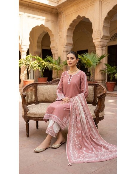 Dusty Rose Cotton Embroidered 3-Piece Stitched Suit with Matching Shalwar and Dupatta