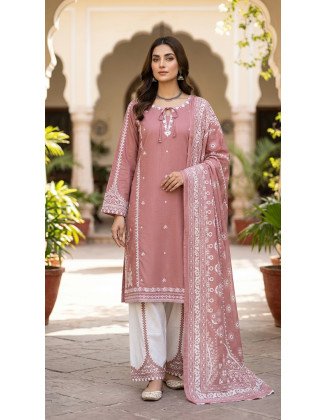 Dusty Rose Cotton Embroidered 3-Piece Stitched Suit with Matching Shalwar and Dupatta