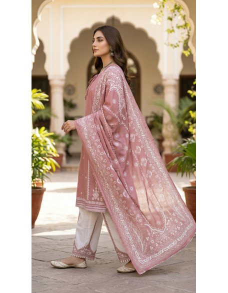 Dusty Rose Cotton Embroidered 3-Piece Stitched Suit with Matching Shalwar and Dupatta Dusty Rose Cotton Embroidered 3-Piece Stitched Suit with Matching Shalwar and Dupatta