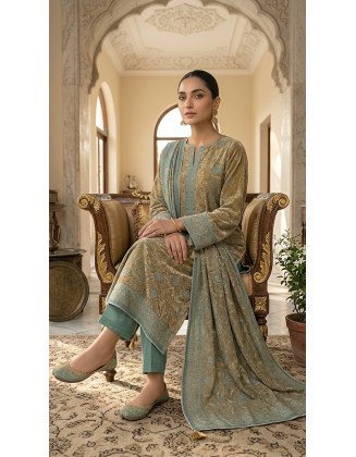 3-Piece Chamkili Dhanak Unstitched Suit – Metallic Gold & Seafoam Blue