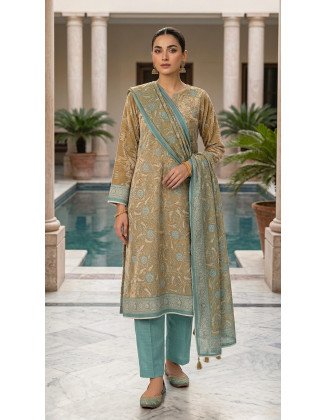 3-Piece Chamkili Dhanak Unstitched Suit – Metallic Gold & Seafoam Blue