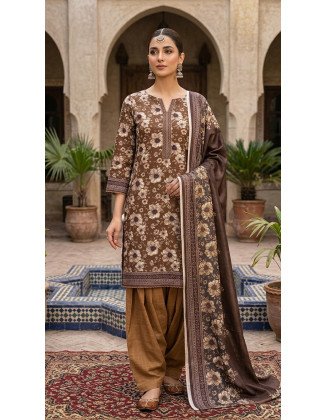 3-Piece Chamkili Dhanak Unstitched Suit – Espresso Brown & Warm Mustard