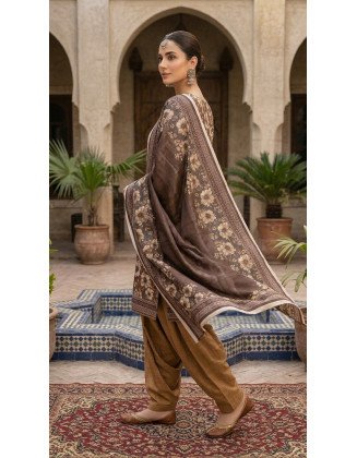 3-Piece Chamkili Dhanak Unstitched Suit – Espresso Brown & Warm Mustard