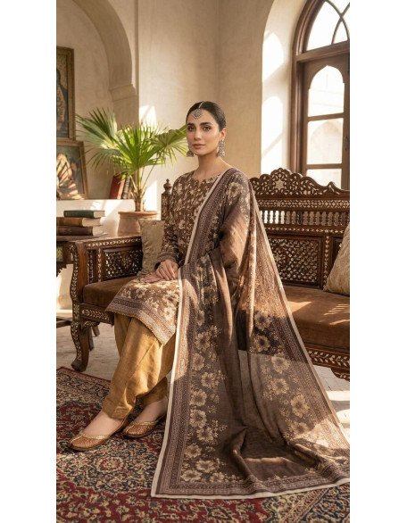 3-Piece Chamkili Dhanak Unstitched Suit – Espresso Brown & Warm Mustard