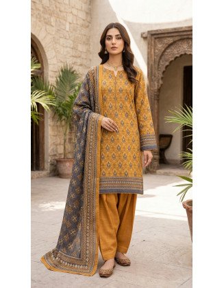 3-Piece Chamkili Dhanak Unstitched Suit – Mustard Gold & Charcoal Grey