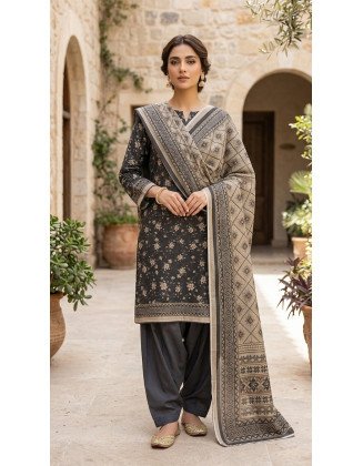 3-Piece Chamkili Dhanak Unstitched Suit – Charcoal Black & Beige