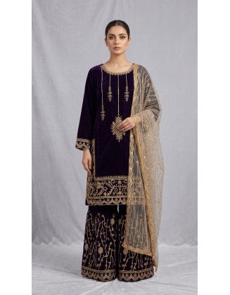 Regal Deep Purple Velvet Gharara Suit with Embellished Net Dupatta