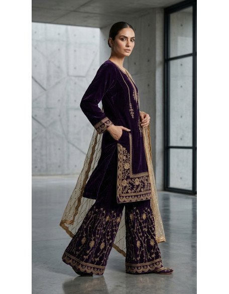Regal Deep Purple Velvet Gharara Suit with Embellished Net Dupatta