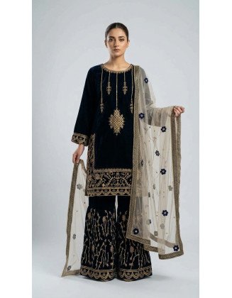 Deep Navy Velvet Sharara Suit with Net Dupatta