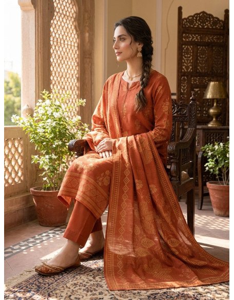 Rust Orange Floral Jacquard Karandi 3-Piece Unstitched Suit
