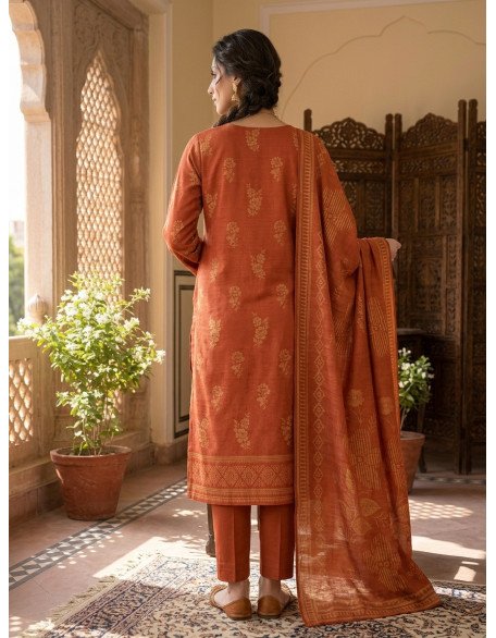 Rust Orange Floral Jacquard Karandi 3-Piece Unstitched Suit