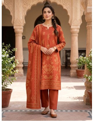 Rust Orange Floral Jacquard Karandi 3-Piece Unstitched Suit