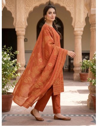 Rust Orange Floral Jacquard Karandi 3-Piece Unstitched Suit