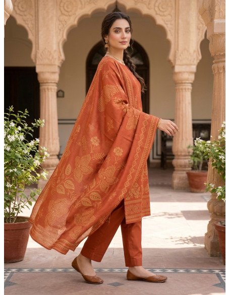 Rust Orange Floral Jacquard Karandi 3-Piece Unstitched Suit