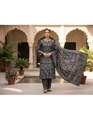 Charcoal Grey Karandi Jacquard 3-Piece Unstitched Suit with Shawl/Dupatta