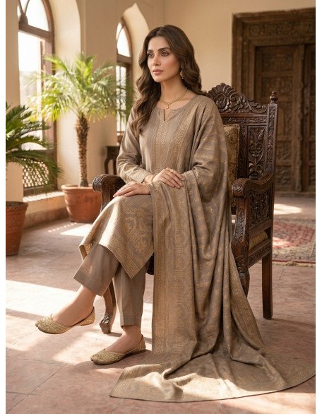 Premium Unstitched 3-Piece Karandi Jacquard Suit – Taupe Gold Floral & Arch Edition