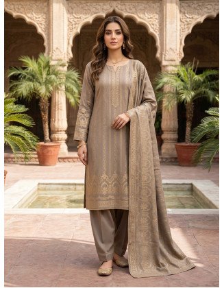 Premium Unstitched 3-Piece Karandi Jacquard Suit – Taupe Gold Floral & Arch Edition