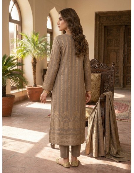 Premium Unstitched 3-Piece Karandi Jacquard Suit – Taupe Gold Floral & Arch Edition