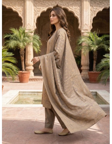 Premium Unstitched 3-Piece Karandi Jacquard Suit – Taupe Gold Floral & Arch Edition