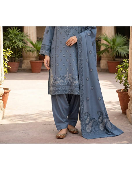 Dhanak Barosha Suit – Dusty Blue Unstitched 3-Piece Embroidered Winter Outfit