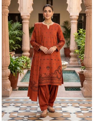 Dhanak Barosha – Rust Orange Printed & Embroidered 3-Piece Unstitched Suit