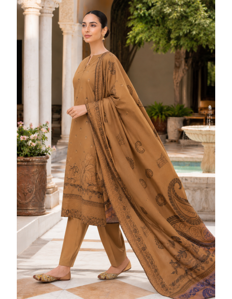 Dhanak Barosha Embroidered 3-Piece Unstitched Suit – Camel Brown