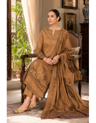 Dhanak Barosha Embroidered 3-Piece Unstitched Suit – Camel Brown