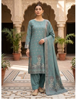 Elegant Sage Green 3-Piece Dhanak Barosha Suit with Intricate Embroidery