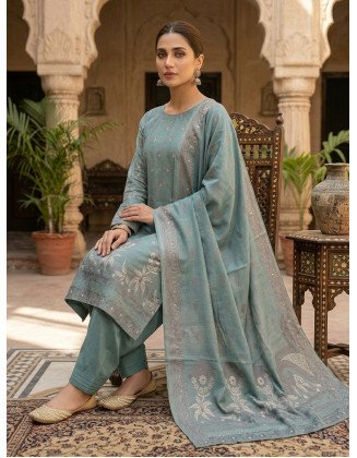 Elegant Sage Green 3-Piece Dhanak Barosha Suit with Intricate Embroidery